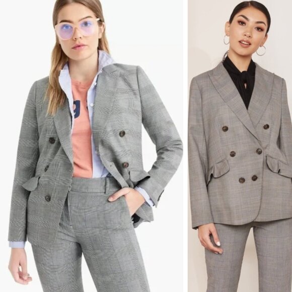 J. Crew Glen Plaid Ruffle Pocket Blazer Jacket Grey Check Academia Preppy Wool - Picture 1 of 9
